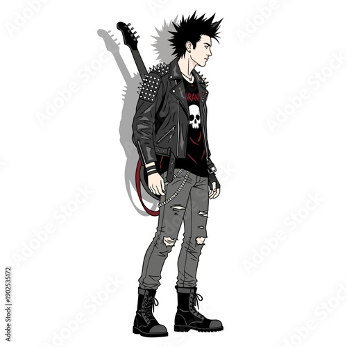 Punk Rocker Man with Spiked Jacket and Guitar, Vector Illustration