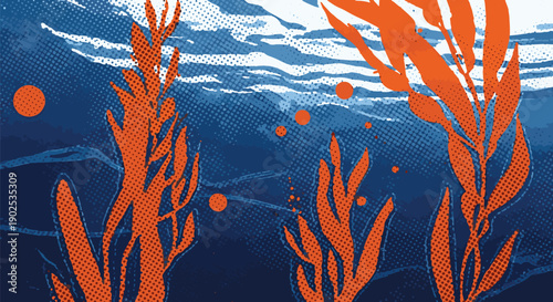 Underwater scene with seaweed and bubbles viewed from below the surface of the ocean with vibrant orange illustrations