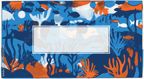 Vibrant ocean scene with diverse marine life, coral, and aquatic plants, viewed from above, in a colorful illustration