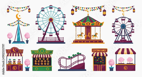 Vibrant carnival attractions set with ferris wheels carousel and game stalls in colorful illustration style