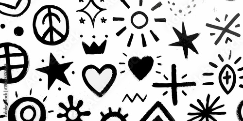 Black and white doodle pattern featuring hearts stars and peace signs