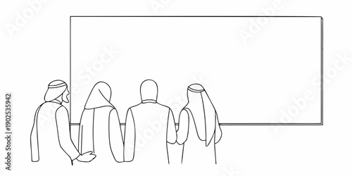 Minimalist line drawing depicts a group of people facing a rectangular shape