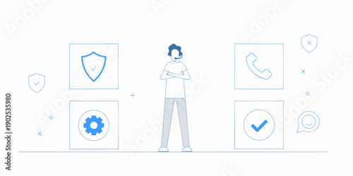 Customer support representative with security and technology icons surrounding them