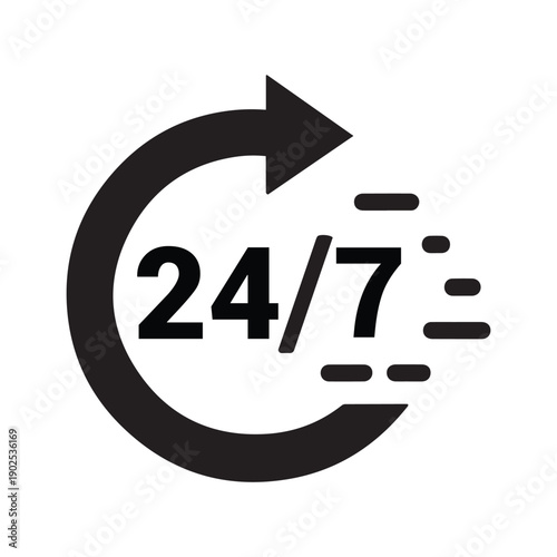 Black 24 7 circular arrow with speed lines twenty four seven always open round the clock