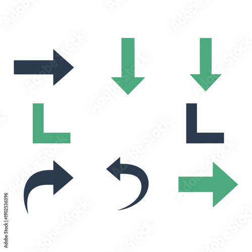 Set of six modern dark blue and green arrows indicating direction and movement in various styles.