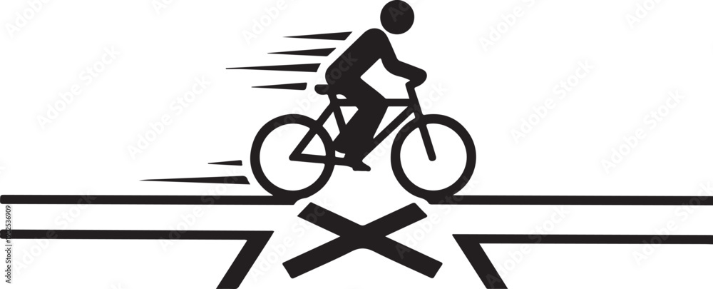 Obraz premium Cyclist riding quickly over railroad tracks with caution sign