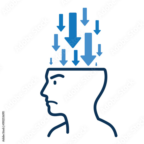 Conceptual vector illustration of information overload burdening a person's mind, depicted by arrows entering a stressed head.