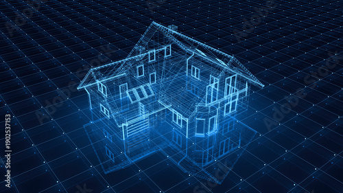 3D blue wireframe of a house on a digital grid background, smart home and architectural technology concept.