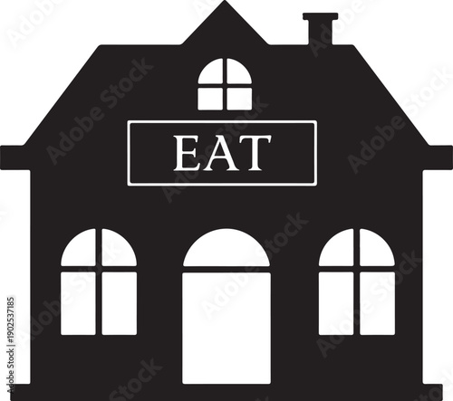 Simple restaurant icon with eat sign on building facade illustration