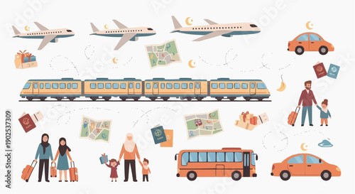 Travel icons set with transportation modes people and luggage in a flat design style on a white background ideal for travel agency