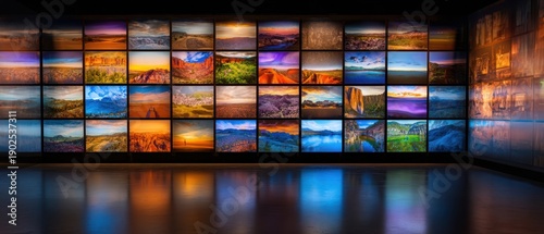 The illuminated landscape photo wall in a modern gallery reflecting on polished floor