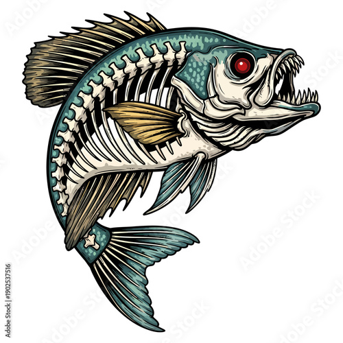Skeleton fish crappie with red eye and sharp teeth illustration