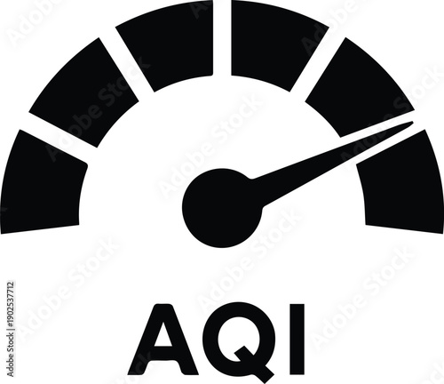 Black and white icon of an AQI meter with needle pointing to a segment air quality index gauge