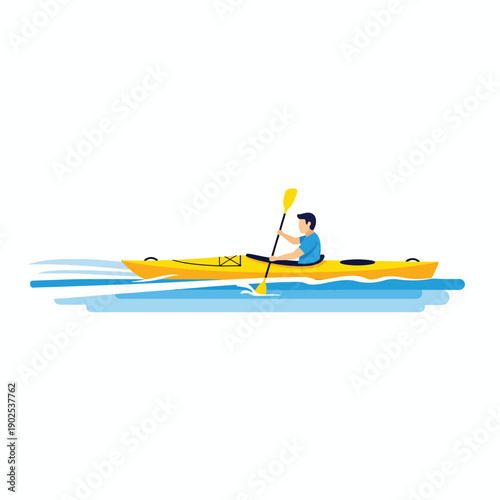 Vector illustration of an individual enjoying kayaking on blue water during a summer recreational activity