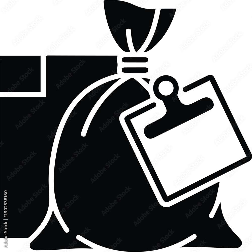 Obraz premium Black silhouette of a garbage bag with a tag and box trash waste