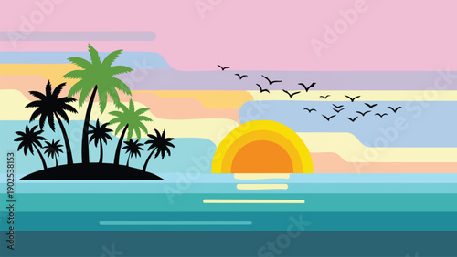 Tropical island scene with palm trees sunset and birds flying over ocean on transparent background