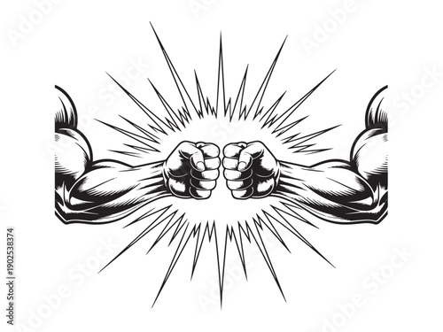 Two Fists Clashing With Starburst Effect Black and White impact power
