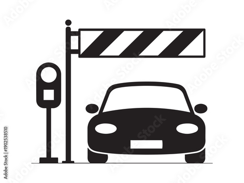 Black car stopped at railroad crossing gate and signal traffic