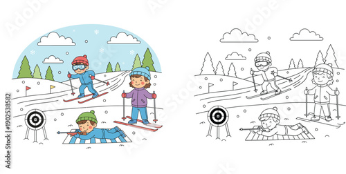 Happy children playing biathlon winter sport, colored and outline version for coloring book, educational vector illustration