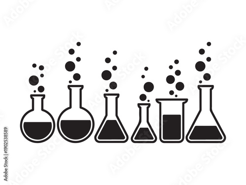Black laboratory glassware with bubbling liquid and circles science chemistry experiment