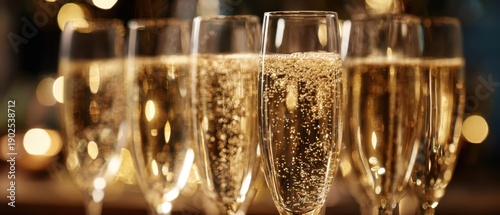 The champagne flutes lined up with bubbling golden wine and festive bokeh lights