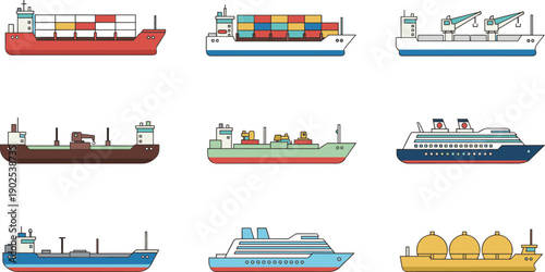 Cargo ships illustration set, container vessel tanker cruise boat collection, maritime transport vehicles, shipping industry nautical transport vector icons