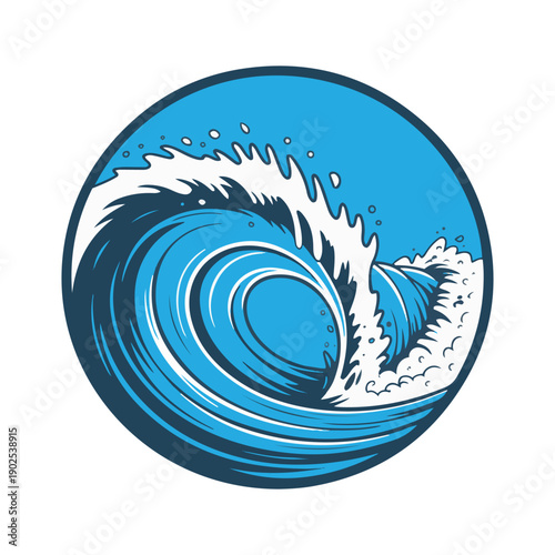 Blue ocean wave breaking with white foam and spray water surf