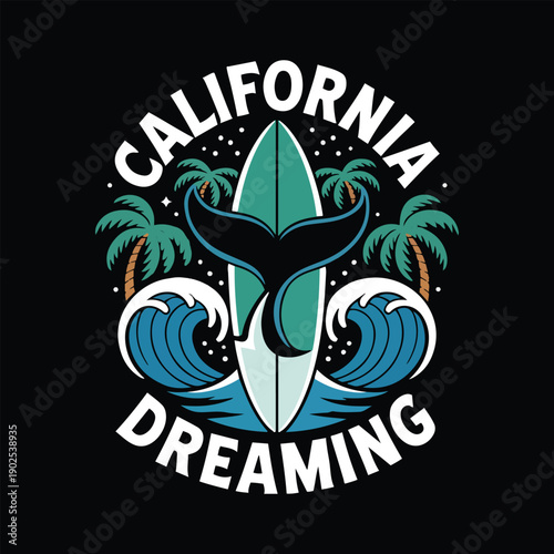 California dreaming whale tail surfboard palm trees and waves