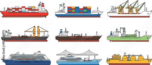 Container cargo ships illustration set, tanker cruise vessels collection, maritime transport industry boats, shipping logistics nautical transport vector icons