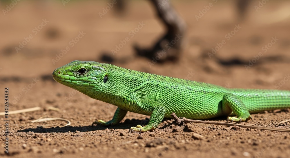 Fototapeta premium Green Lizard on Dry Ground.