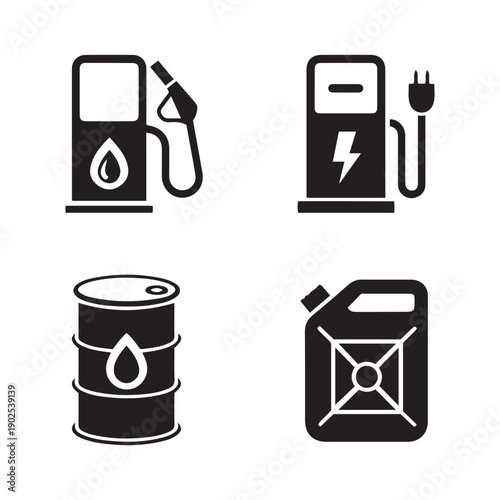 Four black showing fuel and energy sources fuel pump gas station electric car charger