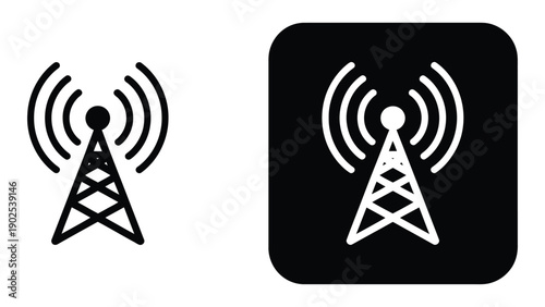 Black and white communication tower icons with radiating signal waves, wireless broadcasting and network connectivity symbols for telecom, radio transmission, internet, and digital communication desi 