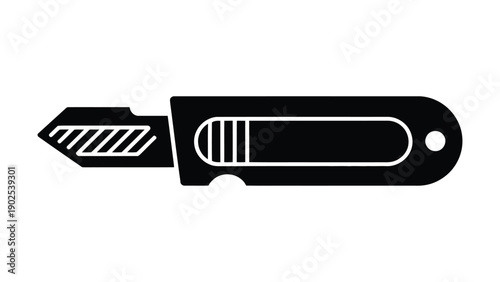Black and white scalpel silhouette icon with sharp blade and detailed handle, surgical instrument illustration for medical procedure graphics, healthcare tools, and clinical surgery design 