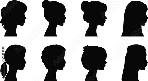 Female profile silhouette hairstyles set, women head icons, bun ponytail short long hair styles, minimal black vector illustration