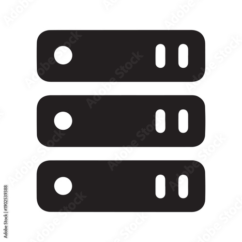 Three stacked black server racks with white circular and oval indicators data center