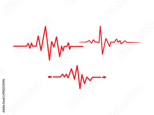 Three red electrocardiogram heart rate lines on white background pulse rhythm