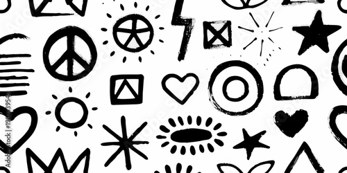 Black and white abstract doodle pattern with various symbols and shapes