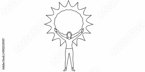 Simple line drawing of a person with arms raised towards a radiant sun