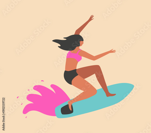 A girl rides a surfboard on the waves. Cartoon vector illustration