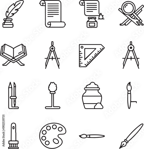 Art, Drawing, Writing, and Geometry Tools Line Icons Set