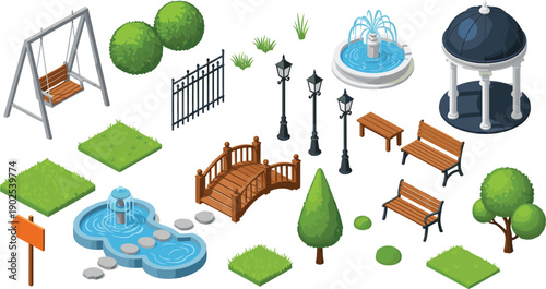 Isometric park elements set with gazebo fountain benches trees lamps bridge grass tiles urban garden landscape illustration collection design
