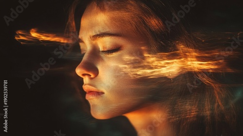 The face of a girl with closed eyes and magical sparks flying from her hair conveys the dreaminess and magic of the moment.
 