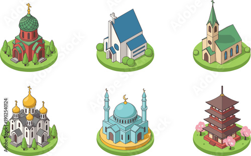 Religious architecture icons set, church cathedral mosque temple buildings, spiritual landmarks illustration, worship places vector, faith culture monuments collection