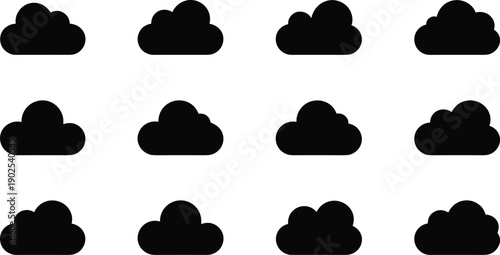 Cloud silhouette icons set, minimal black weather symbols, simple cloud shapes collection, flat vector illustration for ui design