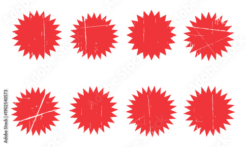 Red grunge starburst sticker collection with distressed texture for price tags discount promotion and sale offer badge elements
