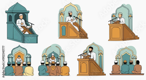 Religious leaders delivering sermons from various pulpits and stages in mosques preaching to congregations islamic settings diverse