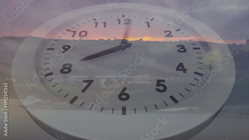 Moon fading and horizon brightening starting scene, analog clock hands rotating, showing dawn