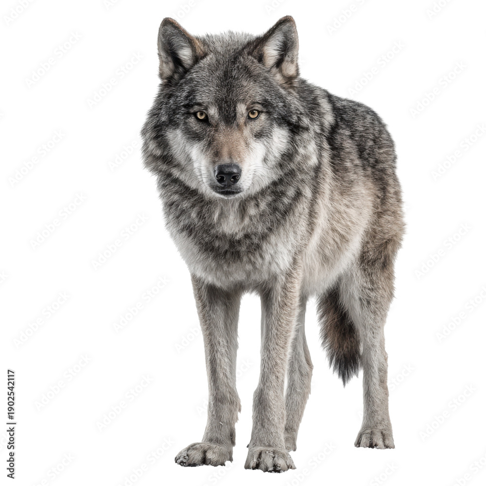Fototapeta premium Powerful gray wolf standing isolated on transparent background, gazing at camera