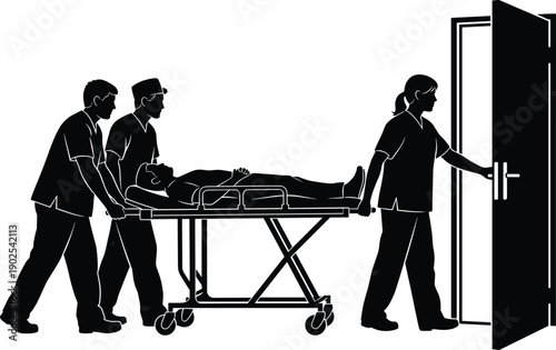 Medical team pushing patient on stretcher through open door doctors nurses