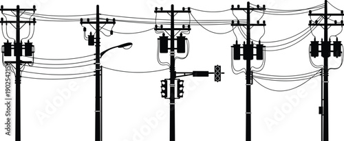 Set of and utility poles with electrical wires and transformers power lines black and white